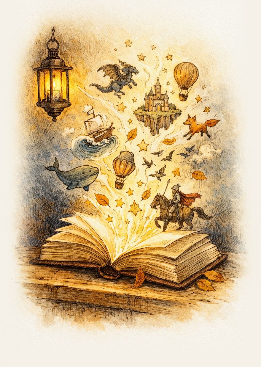 An open book on a table under a hanging lantern; out of its pages fly a ship, a dragon, a castle on a floating island, a fox, balloons, a whale and a knight.